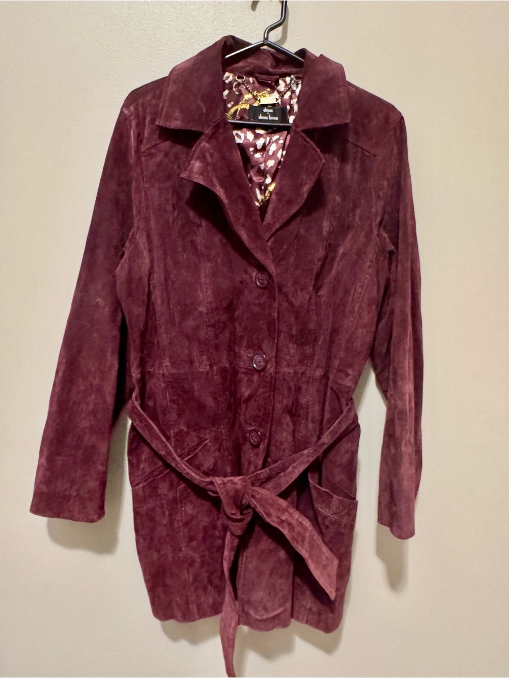 dennis basso Burgundy Suede Belted Trench Coat